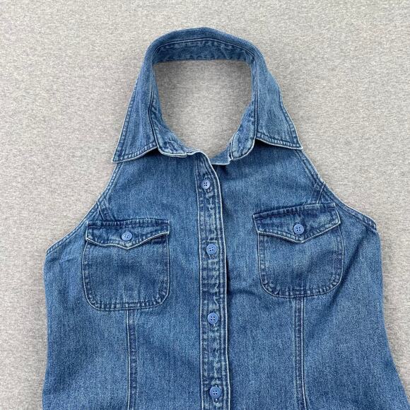 y2k 90s Vintage Denim Halter Midi Dress Size 8P Blue Button-Up Sleeveless Collar - Picture 13 of 15